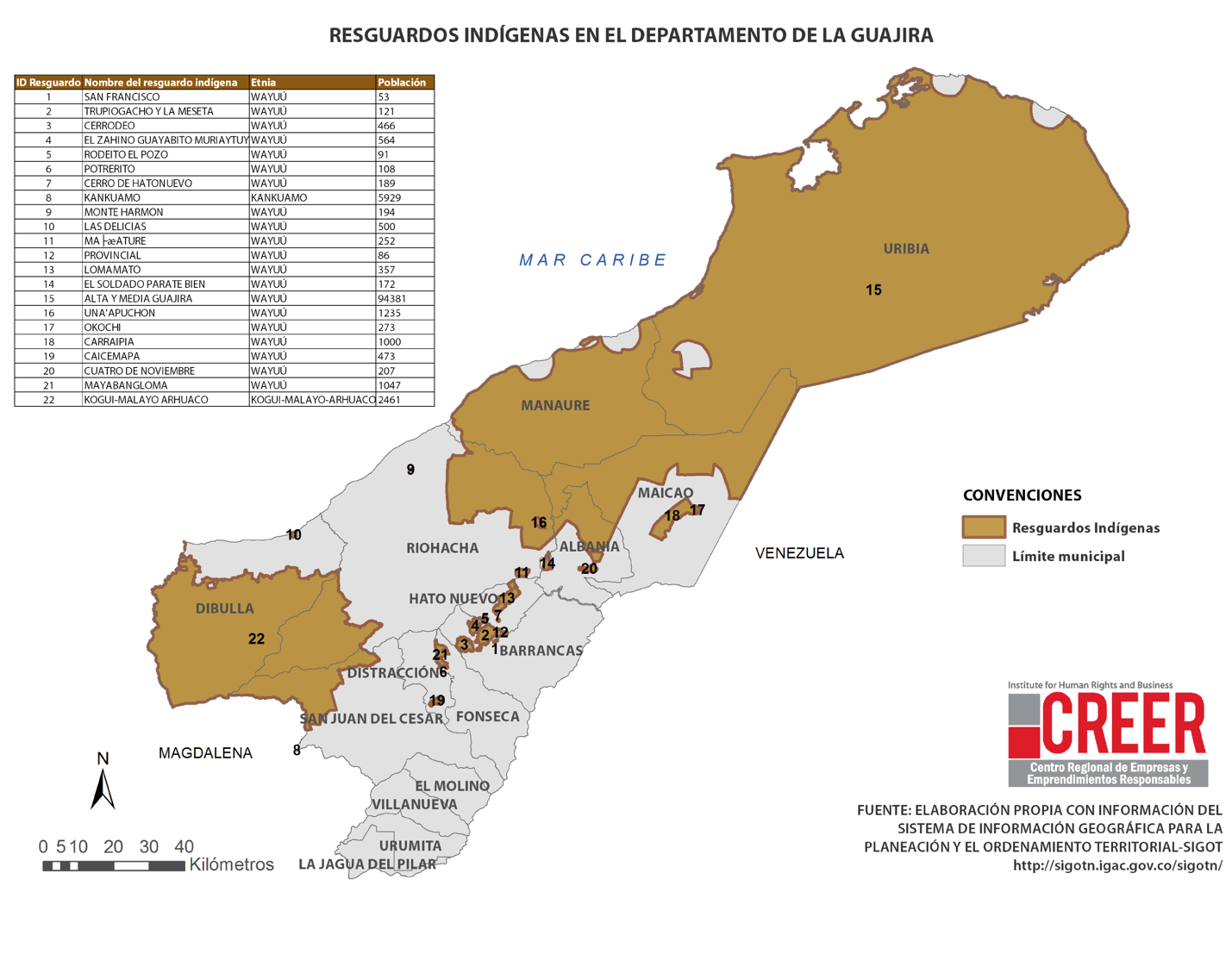 Figure 24. Map showing indigenous reservations (“resguardos”) in the Guajira. “Resguardos Indígenas en el Departamento de la Guajira,” Centro Regional de Empresas y Emprendimientos Responsables (CREER), Geo EISI - Información Referenciada sobre los impactos en derechos humanos en Colombia – Guajira. Read more