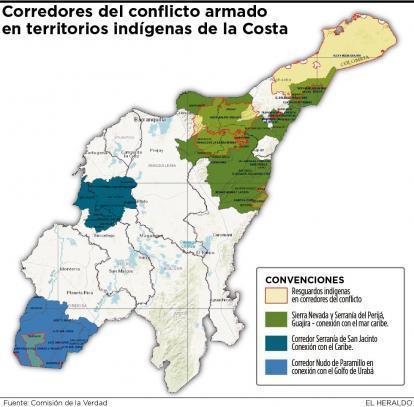 Figure 25. Map showing corridors of armed conflict in indigenous territories. Jennyfer Solano, “Corredores del conflicto armado en territorios indígenas de la Costa,” El Heraldo, October 25, 2020.