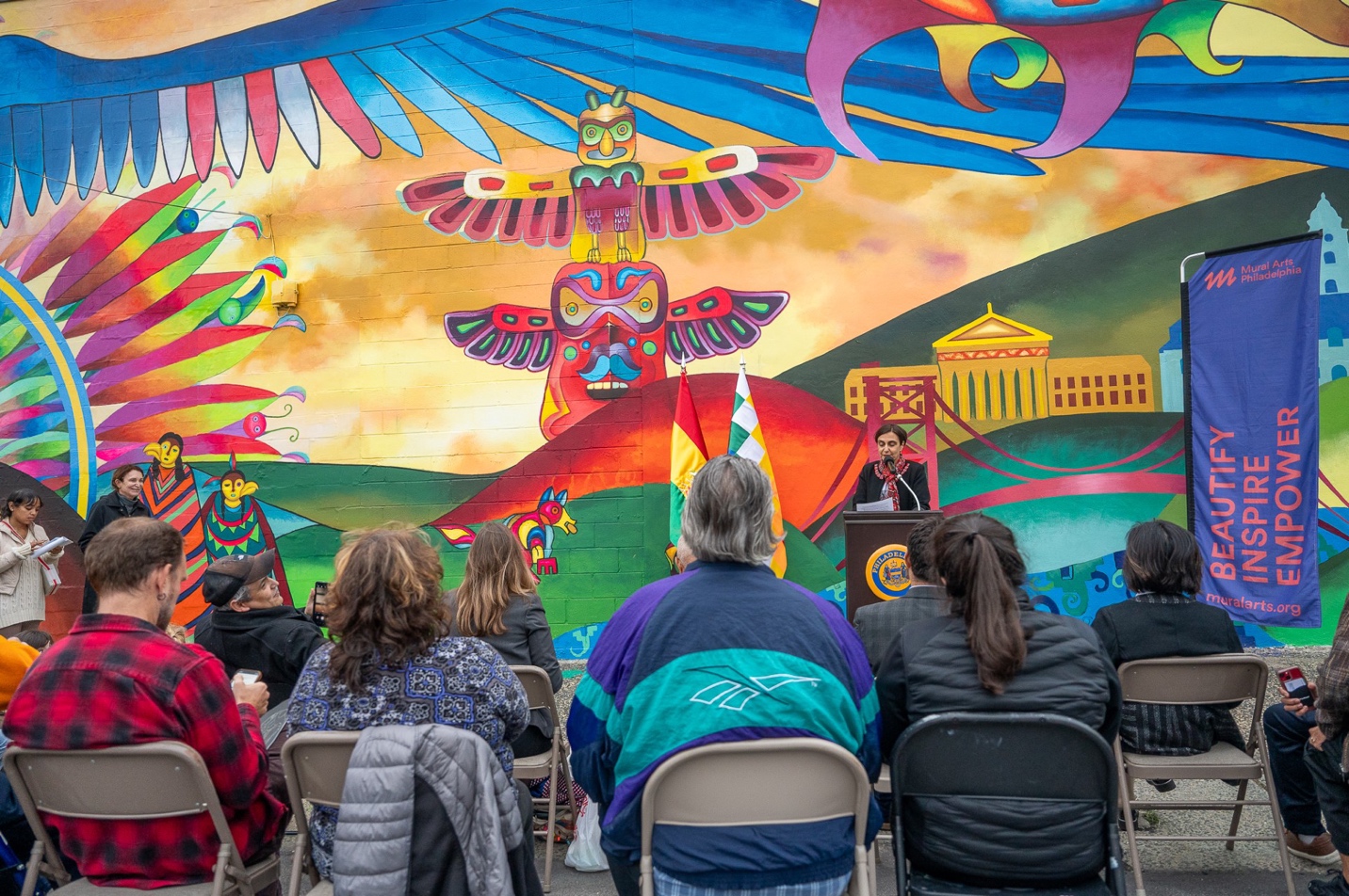 Tulia Falleti, Principal Investigator, speaking at the mural dedication. Photo credit: Bryan Karl Lathrop.