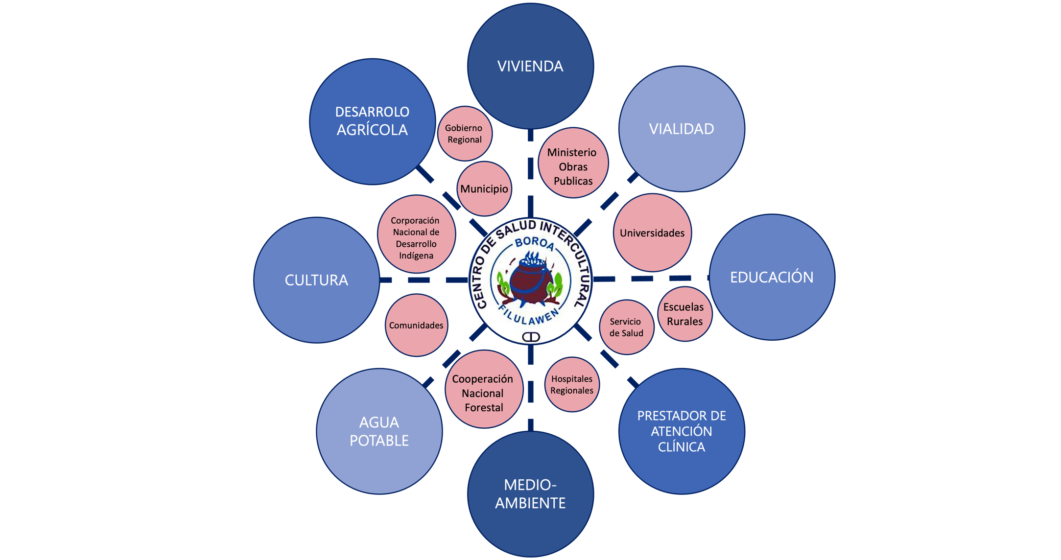 Figure 2. Diagram that identifies the various action areas and key stakeholders with which the CSI Boroa Filulawen works to address territorial processes of health