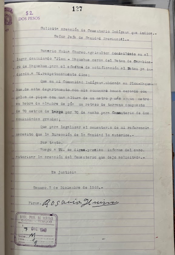 Figure 2. Rosario Huina Chureo’s 1948 letter to the Directorate General of Health (full page &amp; close-up). Huina Chureo signs off the letter, “This is justice.”