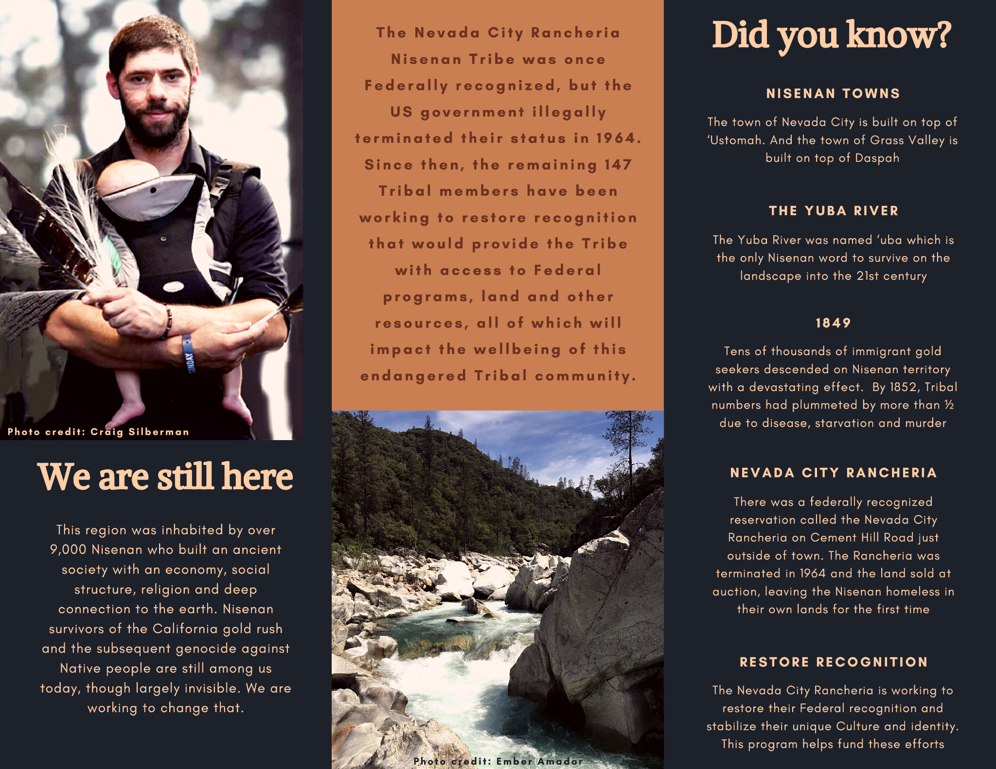 Ancestral Homelands Reciprocity Program brochure. More information available at NISENAN.ORG. Courtesy of the Nevada City Rancheria Nisenan Tribe. Artwork by Jenny Hale; Photography by Nevada City Rancheria, Aeron Miller, Craig Silberman, and Ember Amador.