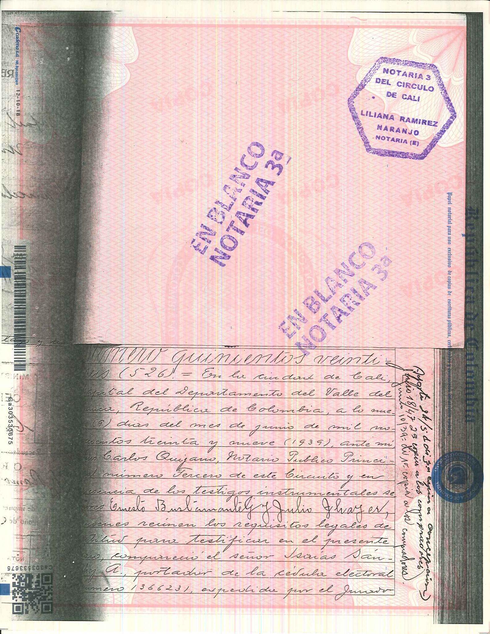 Ilustración 1. Página 1, Escritura pública 526 del 9 de junio de 1939. Fuente: Notaría tercera de Cali, Colombia.