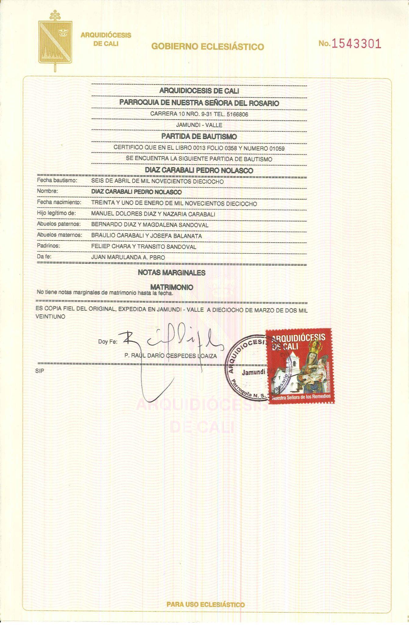 Ilustración 6. Partida de bautismo Pedro Nolasco Díaz Carabalí. Fuente: Parroquia Nuestra Señora del Rosario (Jamundí), Arquidiócesis de Cali, Colombia. Copia expedida en el año 2021.