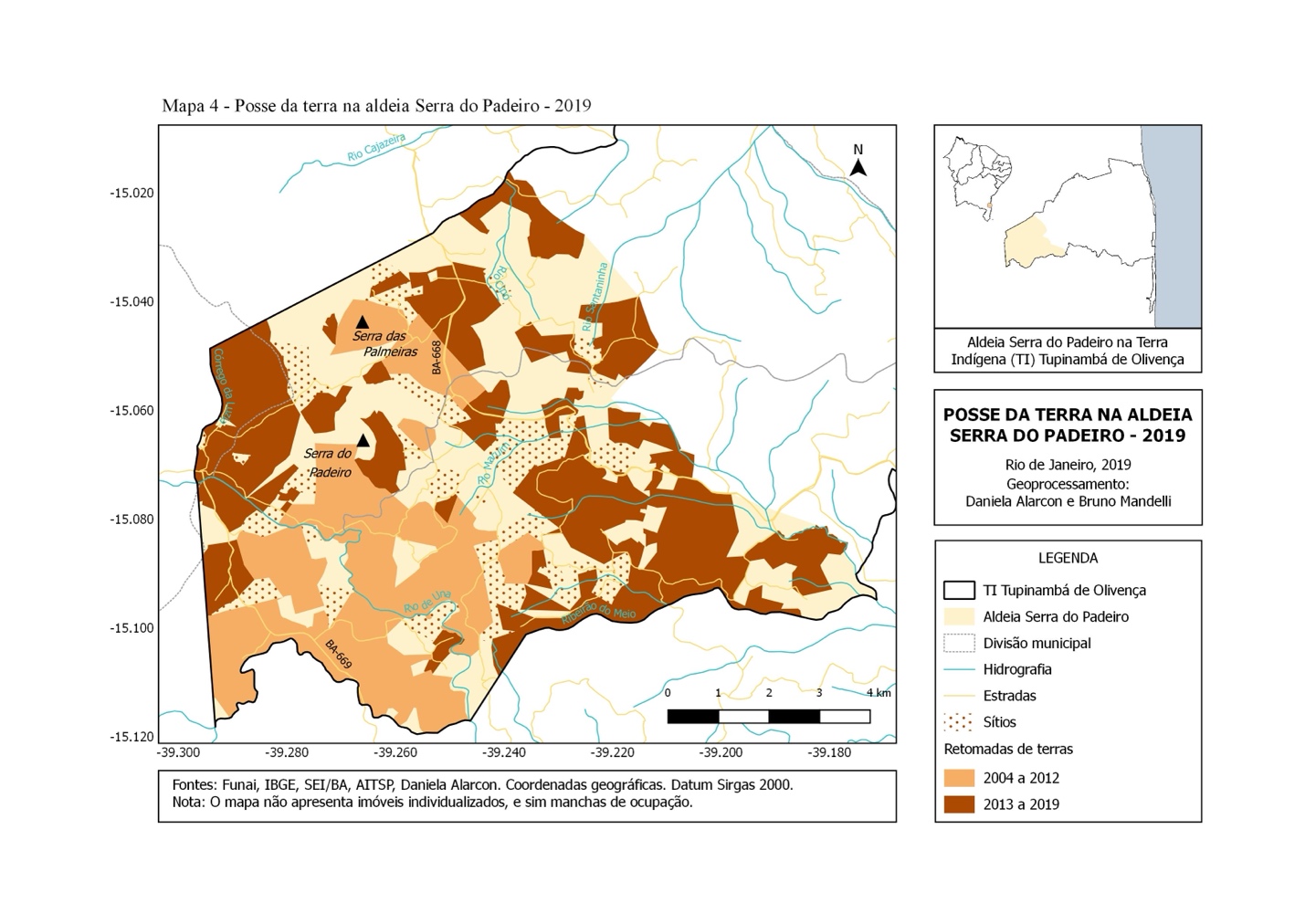 Land tenure in Serra do Padeiro in 2019. From 2013, the territorial recovery process intensified and the Indigenous community regained access to new portions of land (brown areas). Now, they are in possession of approximately 70% of their territory. Source: Alarcon (2022, p. 121).