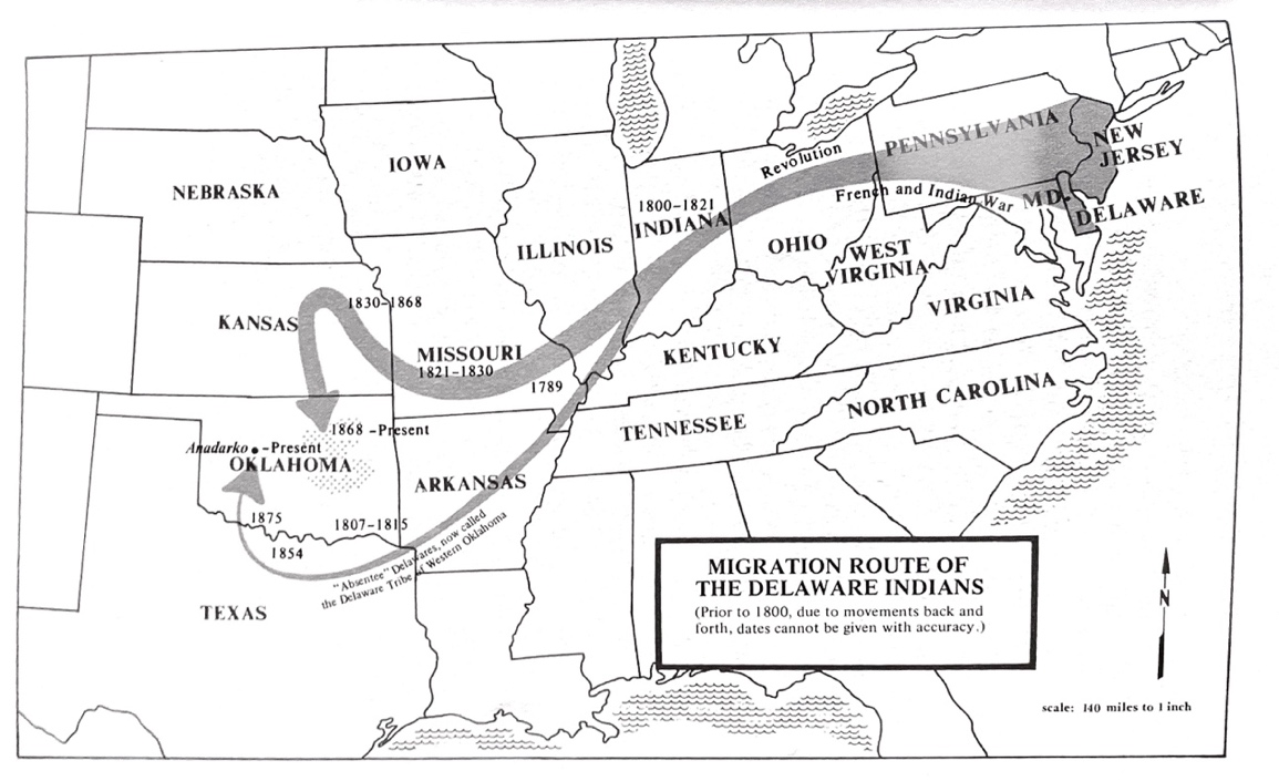 Figure 1. Migrations of the Delaware Indians, in C. A. Weslager, The Delaware Indian Westward Migration: With Texts of Two Manuscripts, 1821–22, Responding to General Lewis Cass’s Inquiries about Lenape Culture and Language (New Castle: Middle Atlantic Press, 1978), 231.