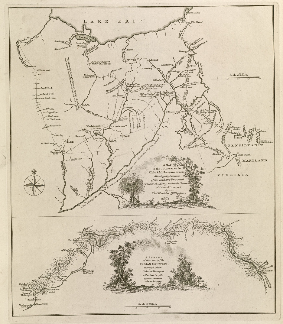 Figure 3. A map of the country on the Ohio and Muskingum Rivers: Shewing the situation of the Indian towns with respect to the army under the command of Colonel Bouquet, by Thomas Hutchins (1730–1789) London: Printed for Robert Sayer and Thomas Jefferys, 1764. Map reproduction courtesy of the Norman B. Leventhal Map & Education Center at the Boston Public Library.