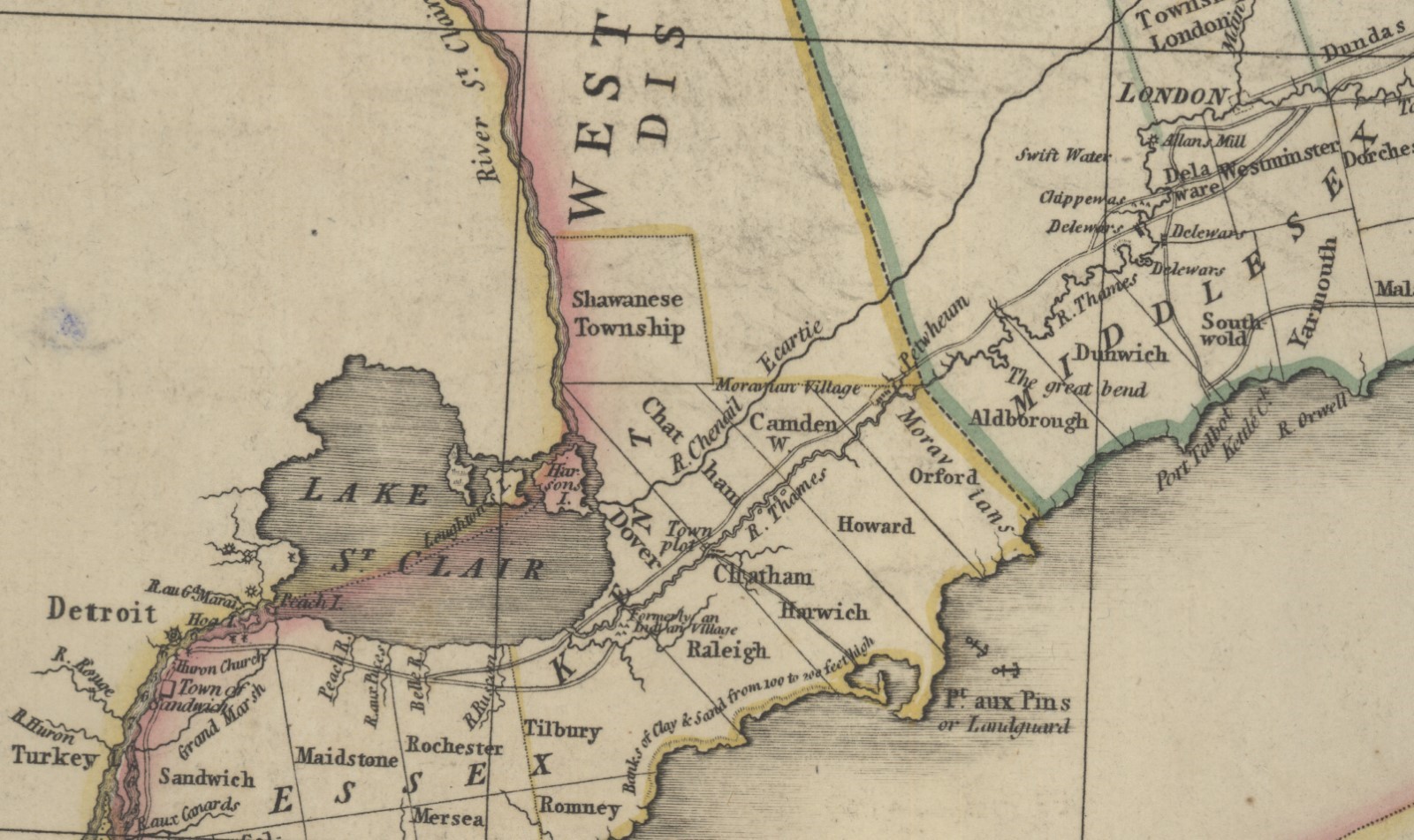 Figure 4. A map of the province of Upper Canada, describing all the new settlements, townships, &amp;c.: with the countries adjacent, from Quebec to Lake Huron (original and cropped detail), by David William Smyth (1764–1837), London: William Faden (1749–1836), 2nd ed. 1813 [orig. pub. 12 April 1800], McMaster University: Hodsoll Collection Digital Archive.