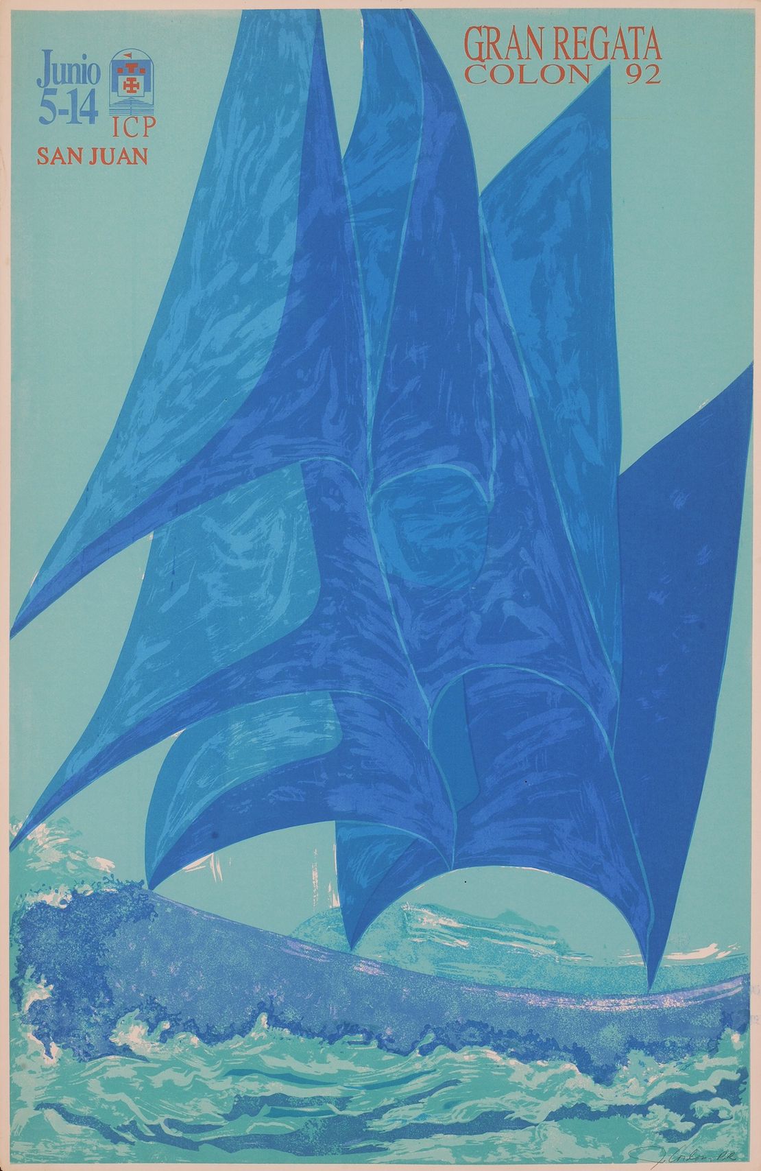 Jesús Cardona  
Dorado, Puerto Rico 1950  
  
*Gran Regata Colón ’92*  
1992  
  
Serigrafía / Silkscreen  
40 × 26 1/8”  
Colección Museo de Historia, Antropología y Arte de la Universidad de Puerto Rico, Río Piedras  
Donación de / Gift of Dennis Simonpietri

Image courtesy of Museo de Historia, Antropología y Arte de la Universidad de Puerto Rico, Río Piedras
