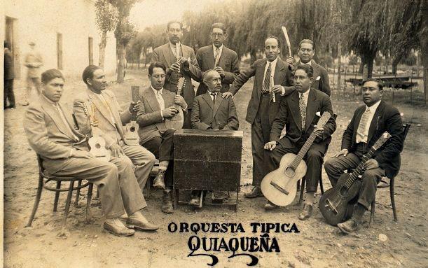 Orquesta Típica from La Quiaca region. Neighbors from La Quiaca. Felipe V. Rivera is the second musician standing on the right and holding a quena. (Family Martínez´s Archive, La Quiaca), ca. 1930s.