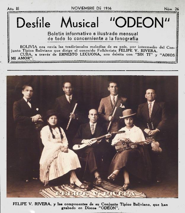 Odeon Newsletter number 26, 1936, advertising Cuban Ernesto Lecuona, Felipe V. Rivera and his Bolivian Típica (Ilda Rivera´s Collection).